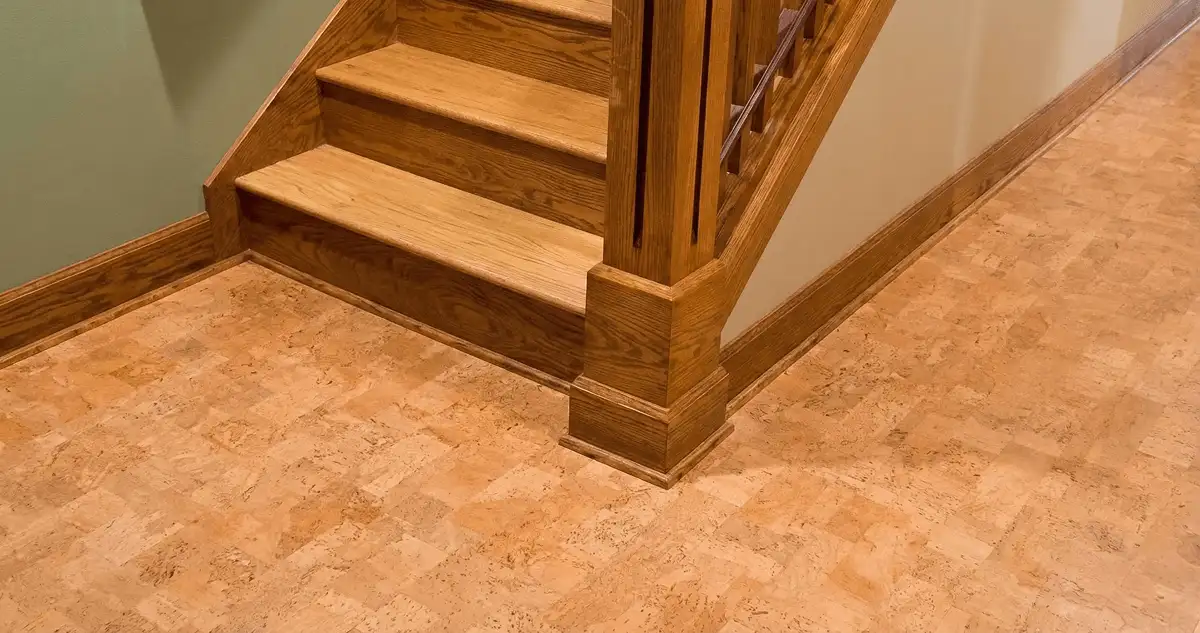 End of a staircase with cork flooring in Santa Ana, CA