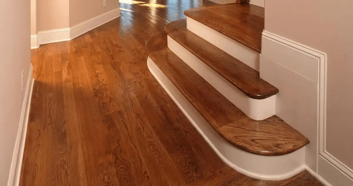 Base floor of a staircase with professionally restored wood flooring in Santa Ana CA