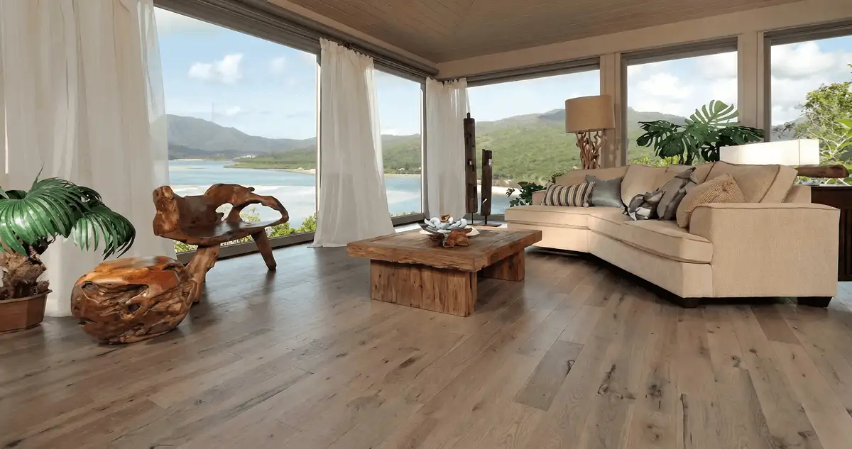Professionally installed vinyl flooring in a modern living room with large windows in Santa Ana, CA